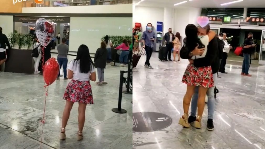Los enamorados tuvieron que buscarse por el aeropuerto, pero lograron encontrarse.