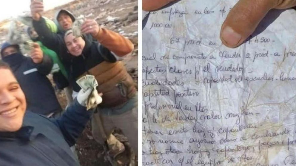 Los operarios que encontraron los dólares en el fondo de un armario descartado y parte de la carta hallada (Gentileza ContextoTucuman.com).