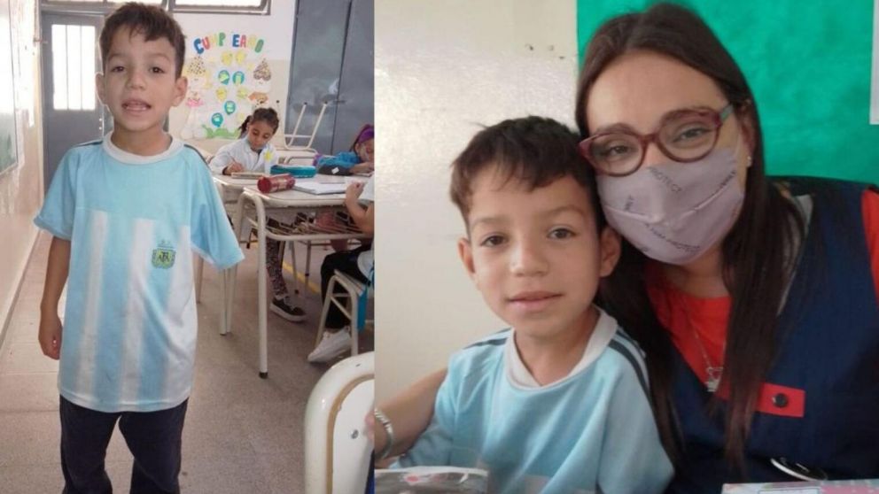 El nene junto a su "seño", quien inició una campaña para conseguir la prótesis.