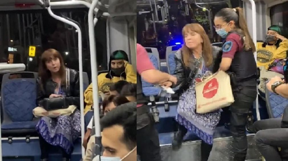 Mujer tuvo que ser bajada a la fuerza de un colectivo porque no quería ponerse el barbijo (Twitter).