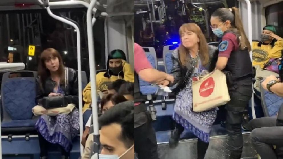 Mujer tuvo que ser bajada a la fuerza de un colectivo porque no quería ponerse el barbijo (Twitter).