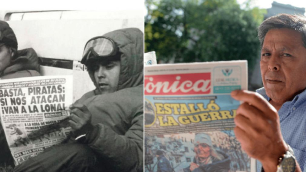 40 años después, posa con un ejemplar actual del diario que leyó en las Islas. (Hernán Nersesián/Crónica)