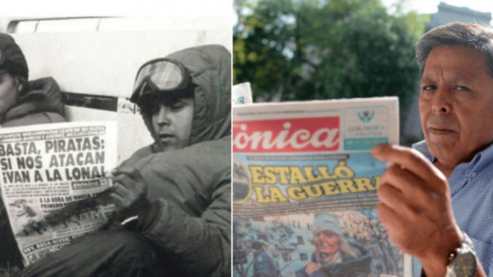 40 años después, posa con un ejemplar actual del diario que leyó en las Islas. (Hernán Nersesián/Crónica)