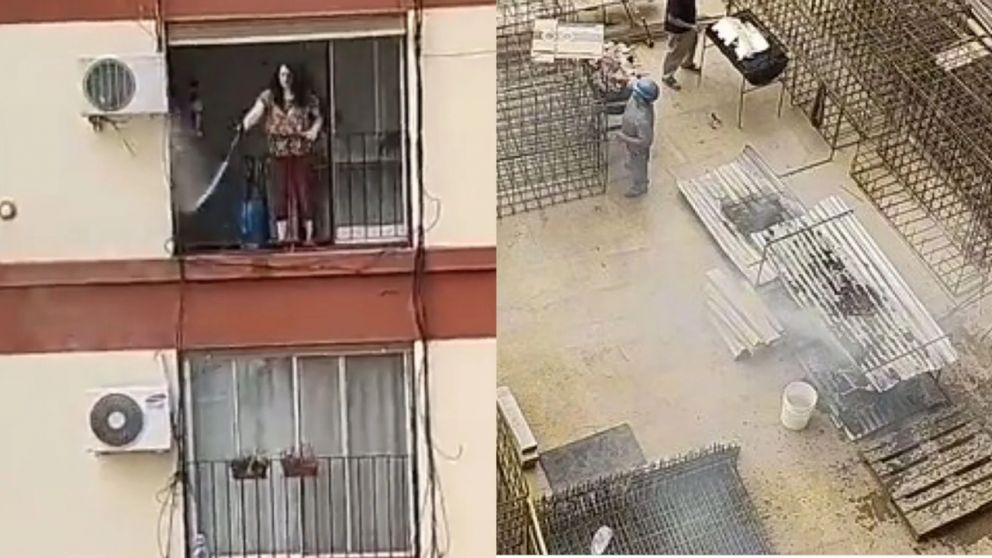 Una vecina se cansó del humo de un asado y se lo apagó desde su balcón con una hidrolavadora (imagen captura vídeo).