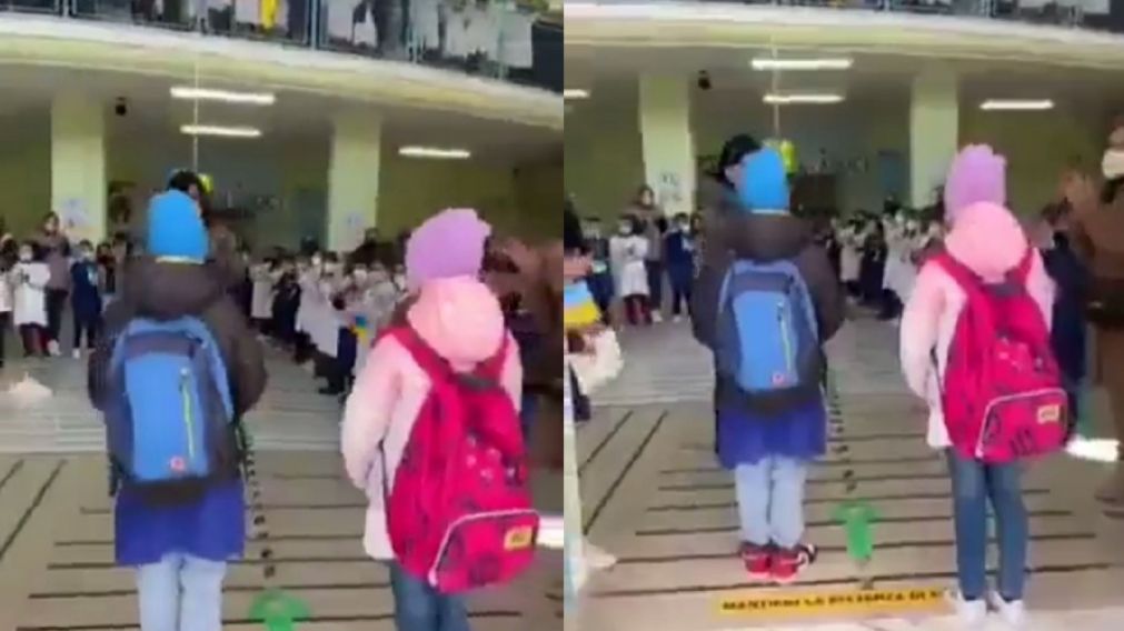 El emotivo recibimiento a dos niños refugiados de Ucrania en el primer días de clases en su nuevo colegio (imagen captura vídeo).