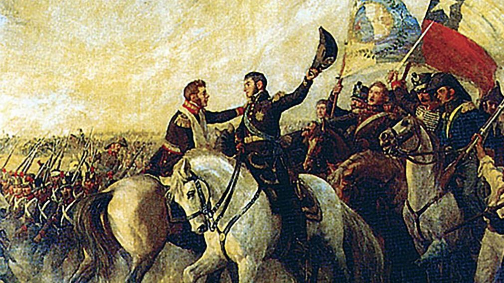 El abrazo de Maipú entre San Martín y O'Higgins.