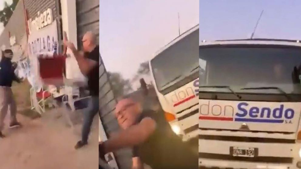 El empresario de la empresa Don Sendo en el momento en que atacó a los manifestantes que cortaban el paso