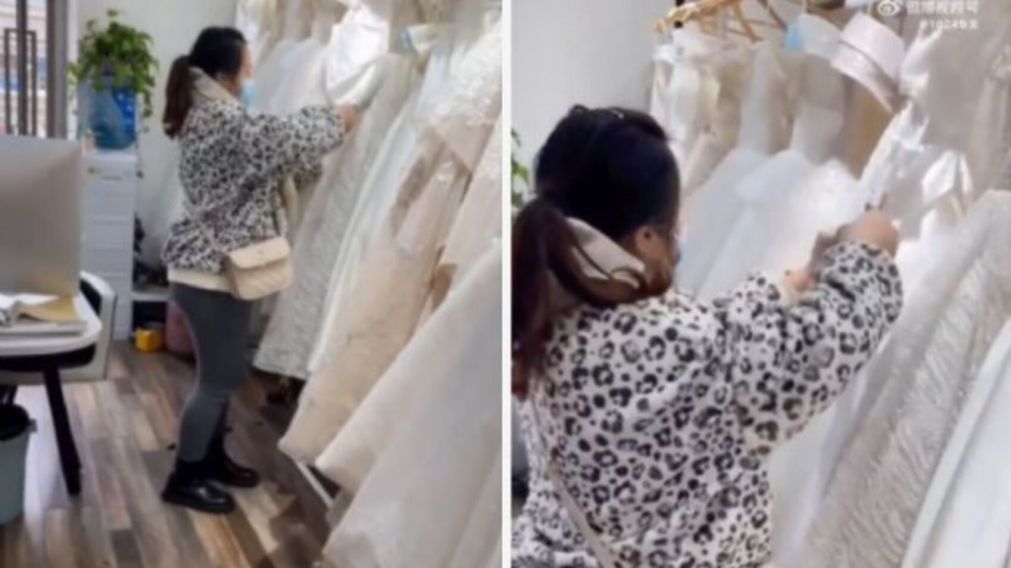 Una mujer se enojó porque no le devolvieron su plata y terminó destruyendo 32 vestidos de novias (imagen captura vídeo).