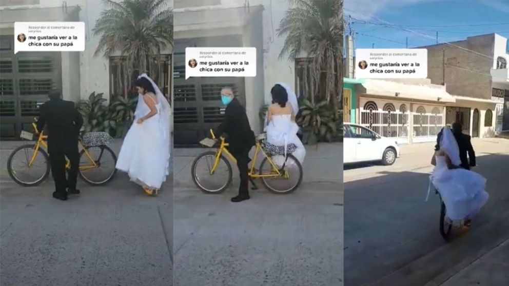 Su papá la llevó en bicicleta a la iglesia para casarse y el vídeo emocionó a todos en las redes (imagen captura vídeo).