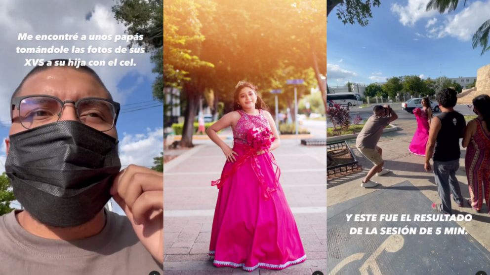 Un fotógrafo vio a una quinceañera en una sesión de fotos casera en la calle y tuvo un gran gesto con ella (imagen captura vídeo).