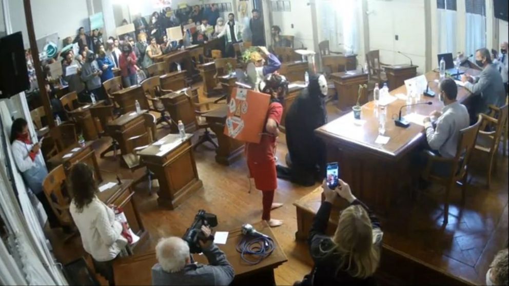 Ambientalistas disfrazados irrumpieron en el Consejo Deliberante de Tandil.