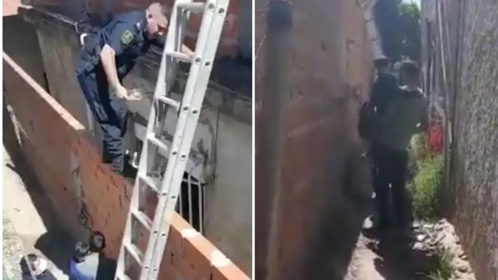 El momento en que el niño de 5 años fue asistido por la Policía en González Catán (Captura de video).