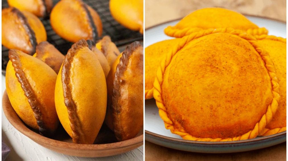 Dos variantes de empanadas bolivianas, una con carne y otra sin.