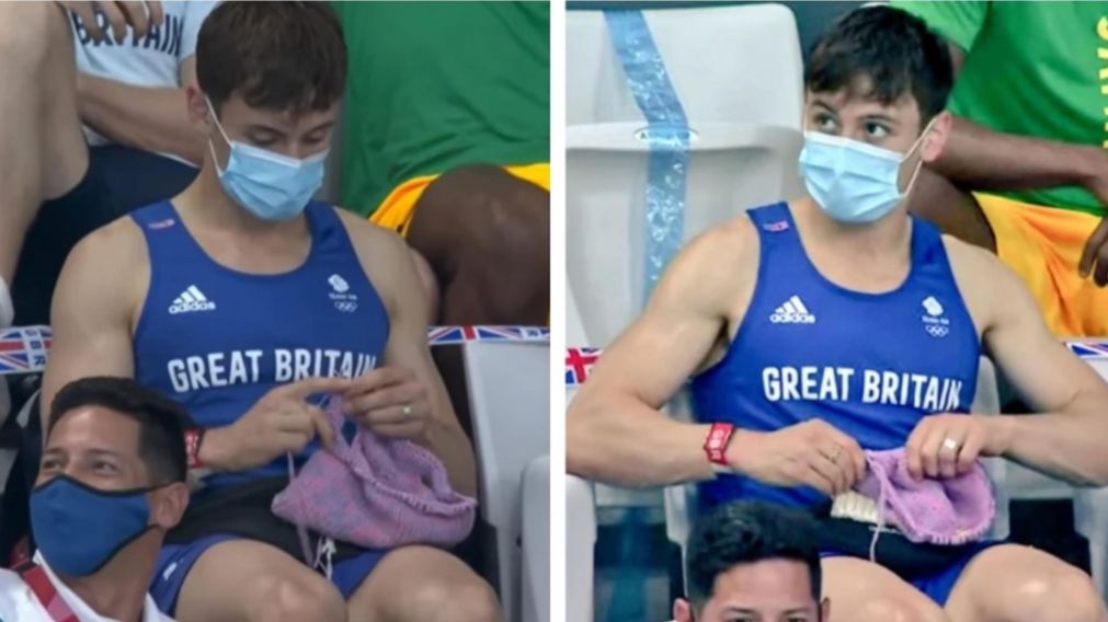 Tom Daley tejiendo en medio de las finales de trampolín en mujeres. (Captura video)