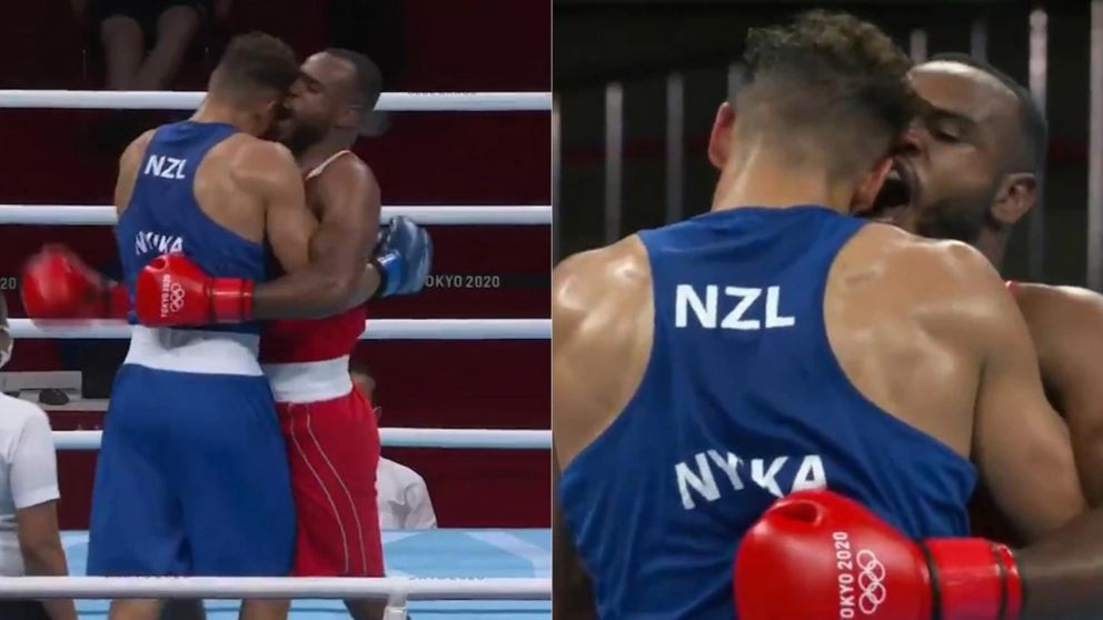 Un boxeador marroquí intentó morderle la oreja a su rival y fue descalificado de Tokio 2020 (imagen captura vídeo).