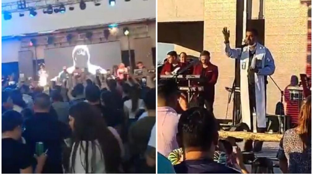 A la derecha, la imagen del recital clandestino de Damas Gratis; a la izquierda, el cura bendiciendo la fiesta clandestina de este fin de semana en el mismo predio.