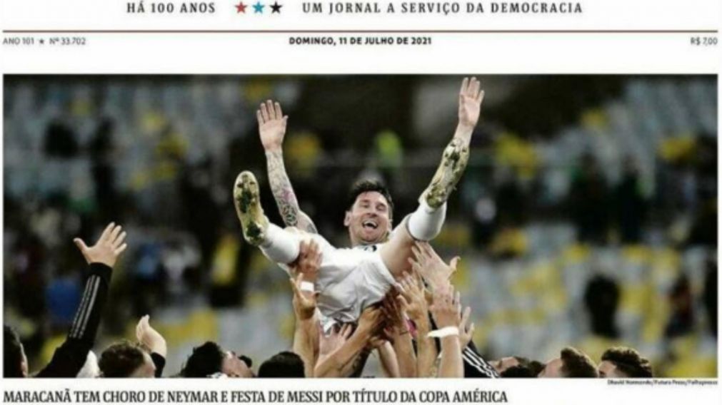 La tapa del diario Folha de San Pablo refleja que "el Maracaná tiene el llanto de Neymar y la fiesta de Messi por el título de la Copa América" (captura)