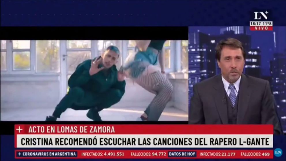 Eduardo Feinmann enseñó a su audiencia el contenido de una canción y el videoclip de "RKT". Fuente: (LN+)