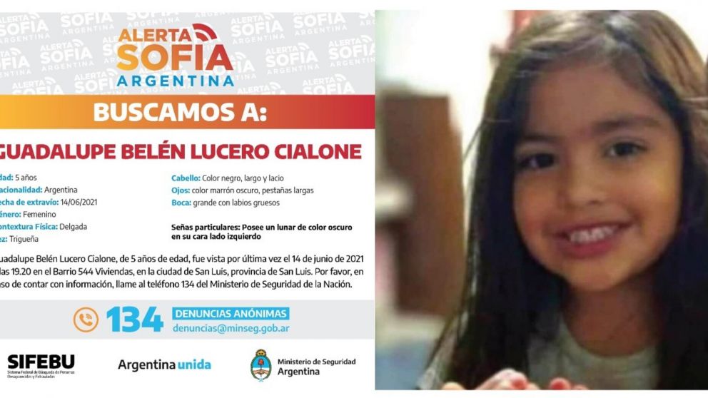 El aviso con el "Alerta Sofía" difundido por el Ministerio de Seguridad de la Nación.