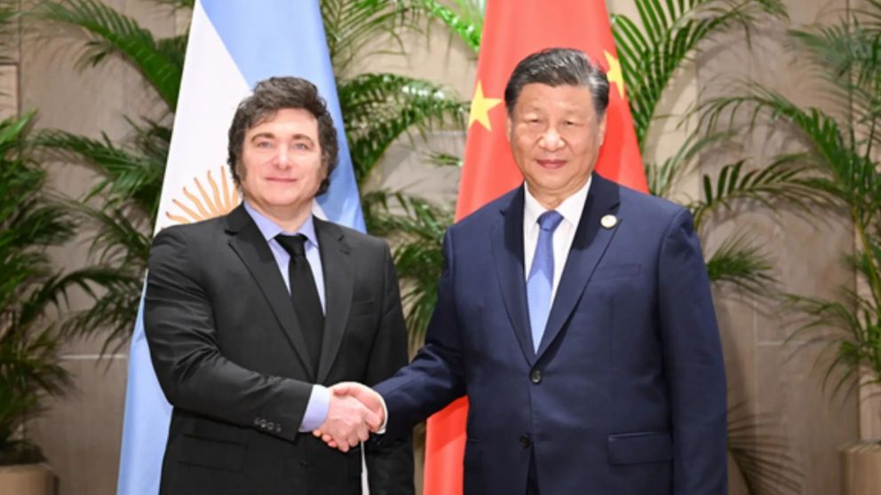 Javier Milei junto al presidente chino, Xi Jinping, en la última Cumbre de Líderes del G20 realizada en Río de Janeiro, Brasil.