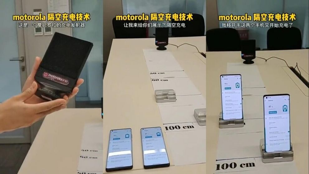 Los celulares de Motorola cargándose de manera inalámbrica en una demostración.