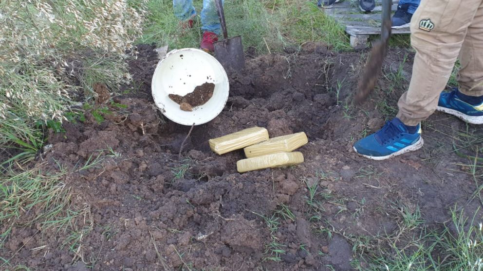 Los policías se ocuparon de desenterrar los panes de cocaína que estaban en el jardín del delincuente.