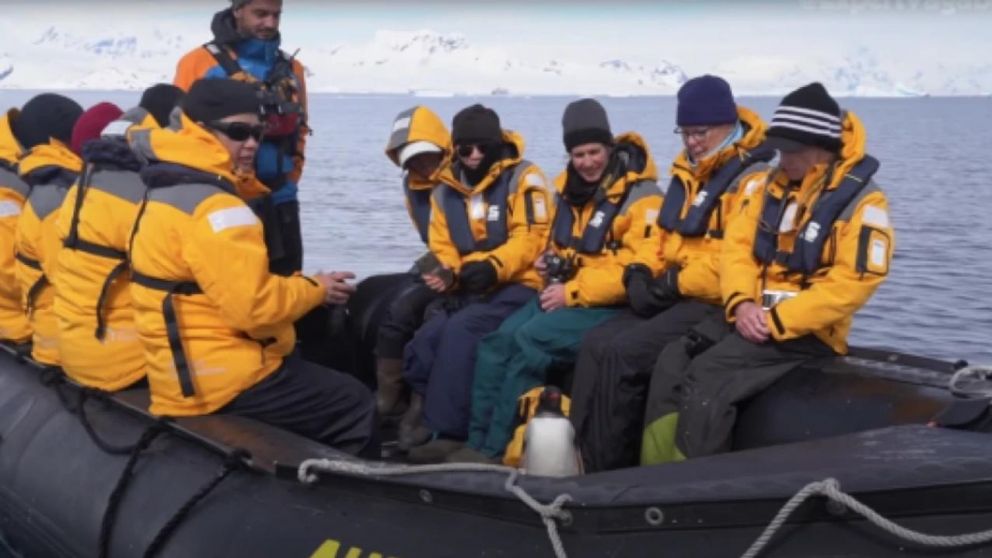 El pingüino subido a la bote de los turistas. (Captura de pantalla)