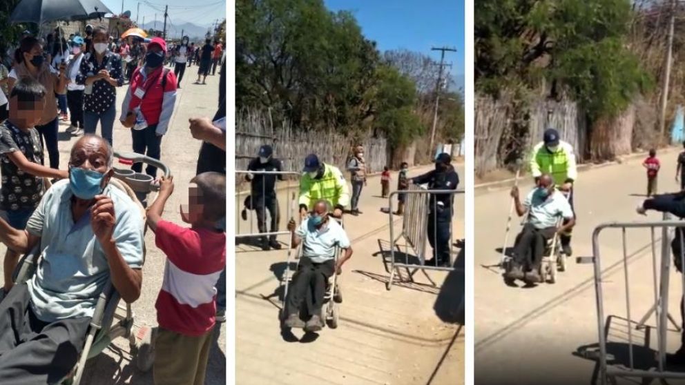 Así nenes llevaron a su abuelo a vacunarse en un cochecito de bebé. (Captura video)