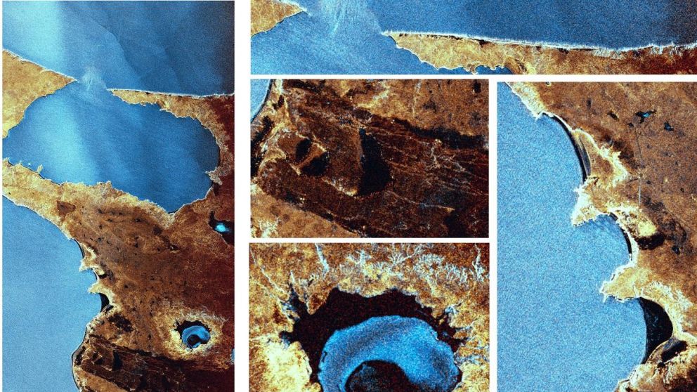 Los acantilados de Península Valdés, vistos desde el satélite argentino Saocom 1B (Télam).
