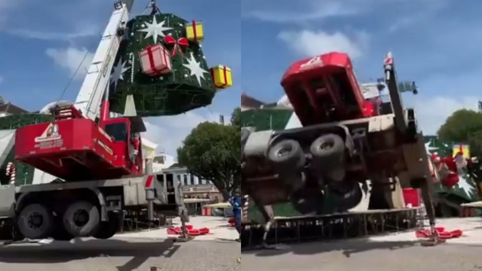 Así volcó la grúa utilizada para instalar el árbol de Navidad gigante.