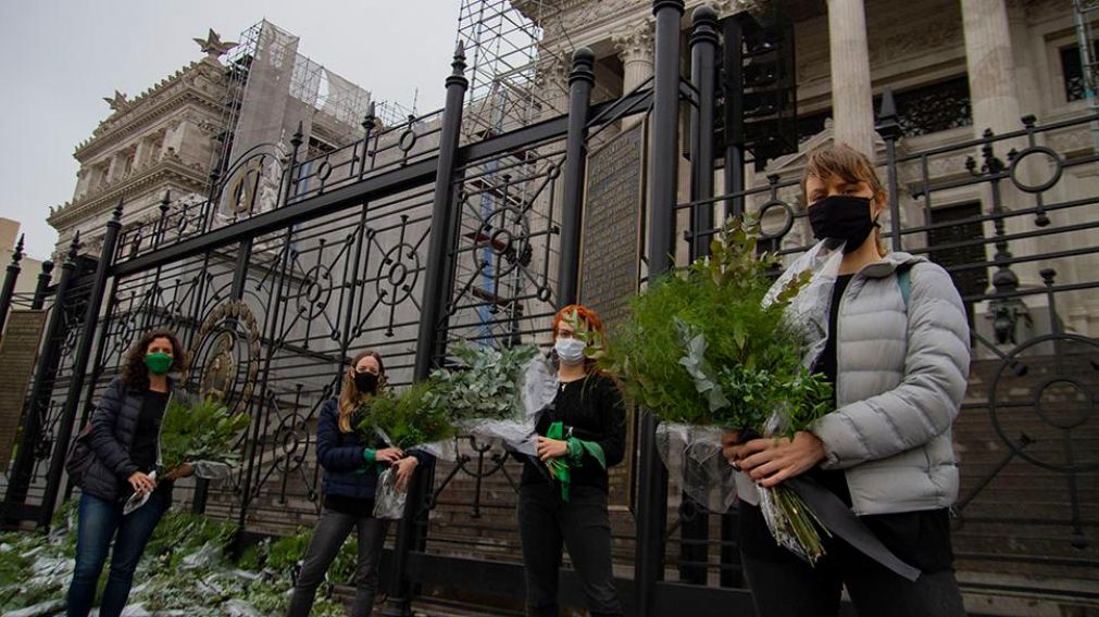 Activistas colocan "ramos de la deshonra" frente al Congreso para pedir la despenalización del aborto. (Télam)