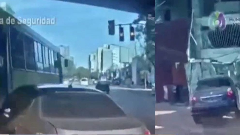 El momento en el que el auto choca al colectivo y se estrella.