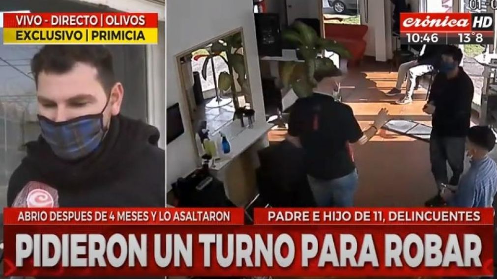 Peluquero asaltado por padre e hijo: "El nene sacaba la plata mientras el padre apuntaba". (Captura de TV)