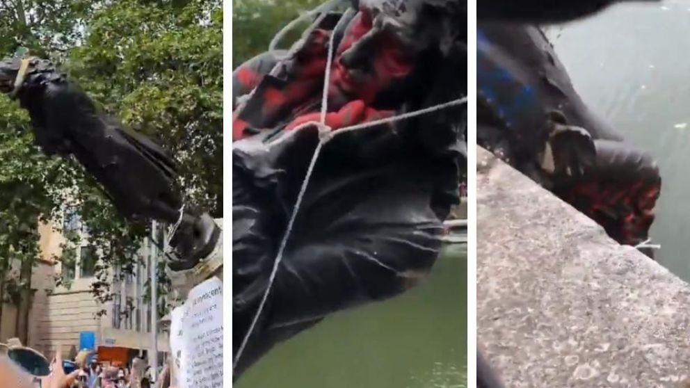 Así fue derribada la estatua y tirada al río en Bristol. (Captura video).