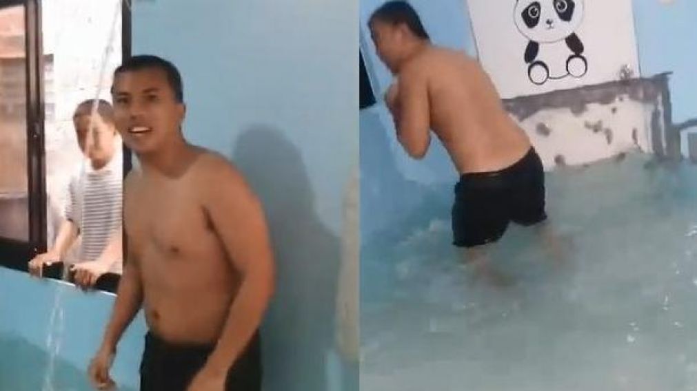 El video de la improvisada piscina se volvió viral en las redes (Captura).