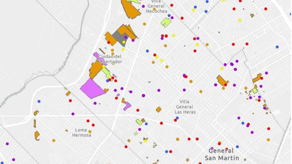 Los conglomerados precarios se encuentran marcados en color amarillo, púrpura y gris.