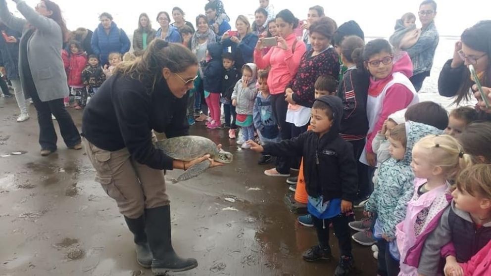 Los rescatistas le muestran la tortuga salvada a los chicos.