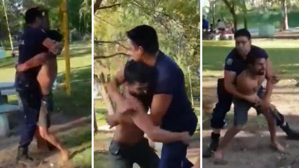 Así forcejeaba el borracho con un policía en un camping de San Luis. (Captura de video)