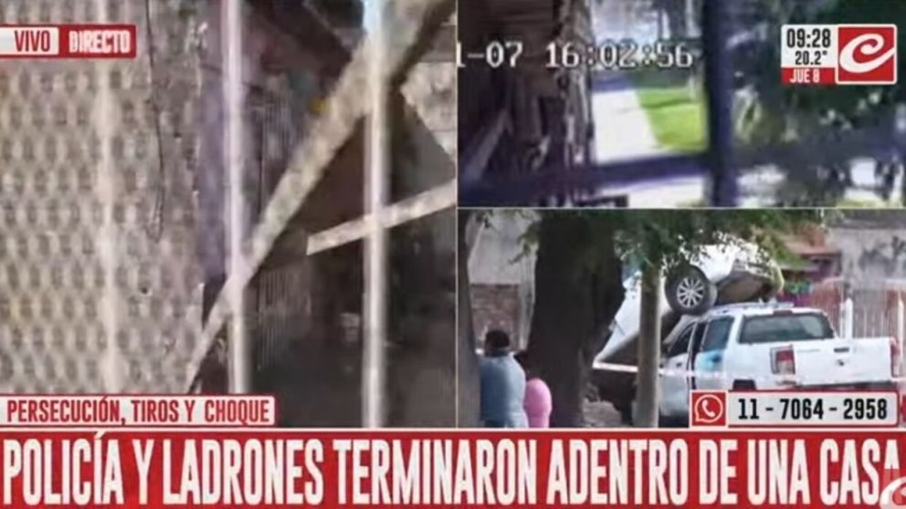 La persecución dejó dos delincuentes detenidos y destrozos en una vivienda (Captura de TV).