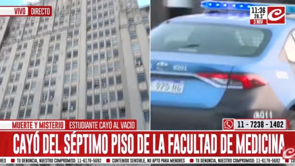 Un estudiante murió tras caer desde un séptimo piso en el interior de la Facultad de Medicina de la UBA (Crónica HD).