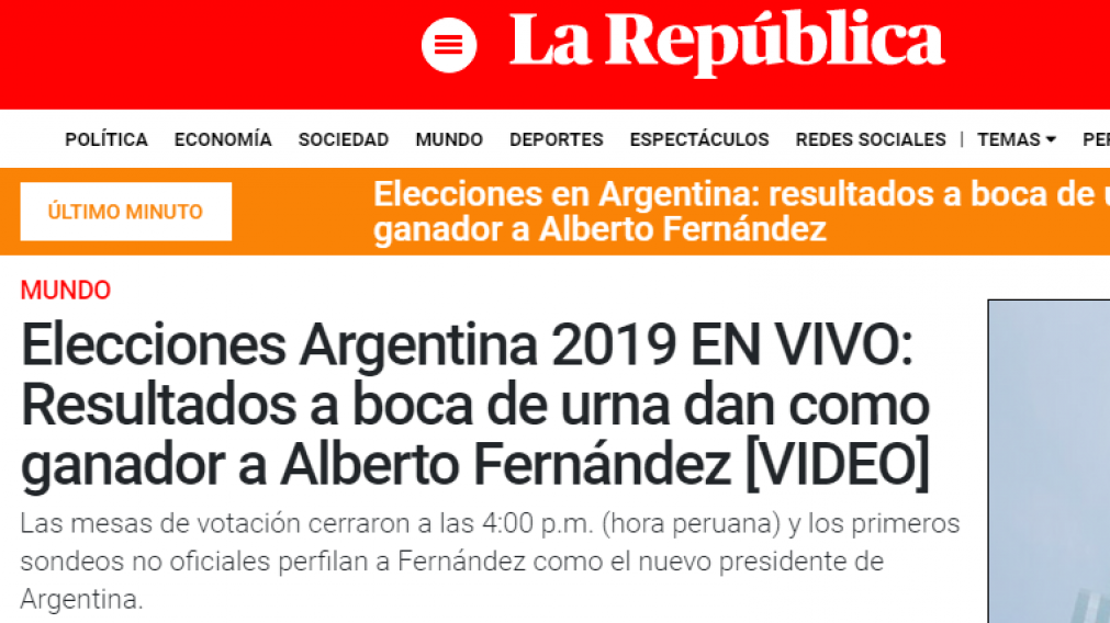 La República de Perú da como ganador al candidato del Frente de Todos.