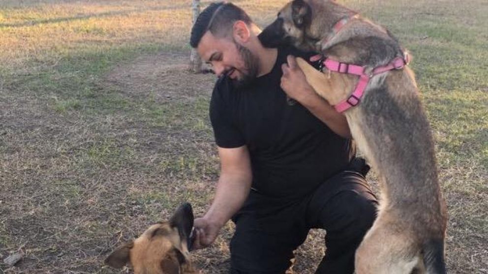 El hombre atacado por el rayo junto a sus perros.
