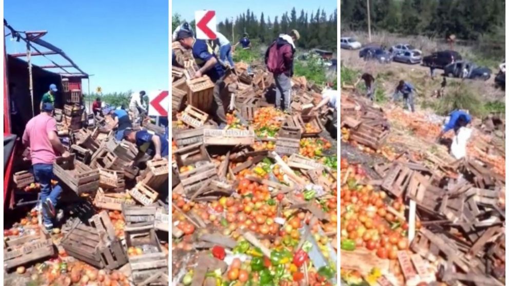 Así saquearon el camión volcado en la Ruta 6 (Captura).
