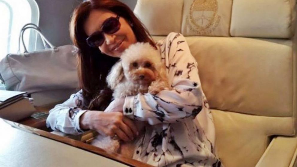 CFK, con su perro Simón, durante una viaje como Presidente. (Archivo)