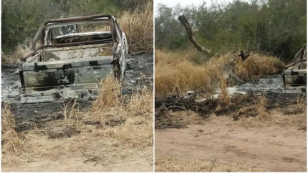 Así quedó la camioneta donde fue calcinado el sujeto. (Gentileza: Radio Popular Frías)