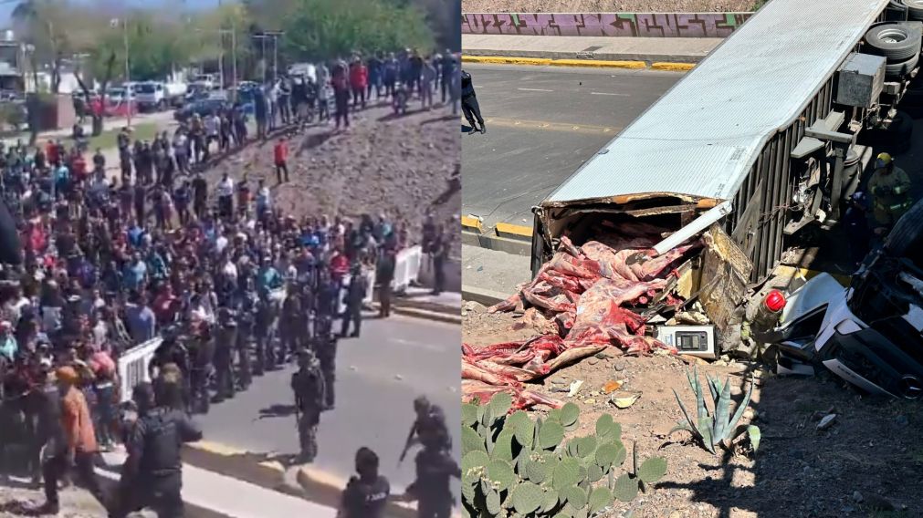 Cientos de vecinos se acercaron a pedir la carne que estaba desparramada en el asfalto.