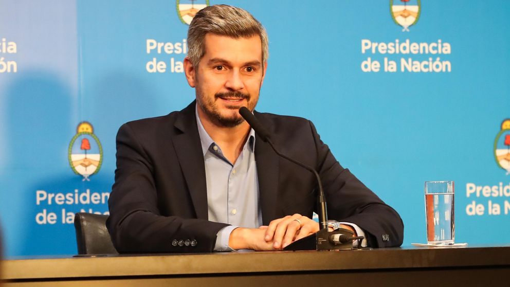 Marcos Peña, en la Casa de Gobierno durante una conferencia sobre el FMI. (Prensa Presidencia)