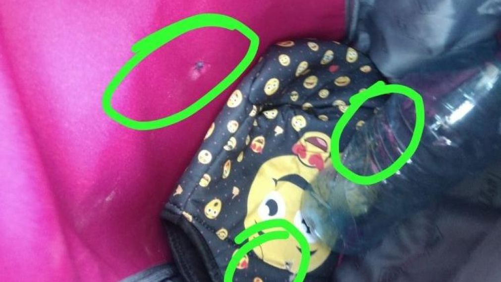 Así quedó la mochila de la nena tras recibir uno de los balazos de los delincuentes.