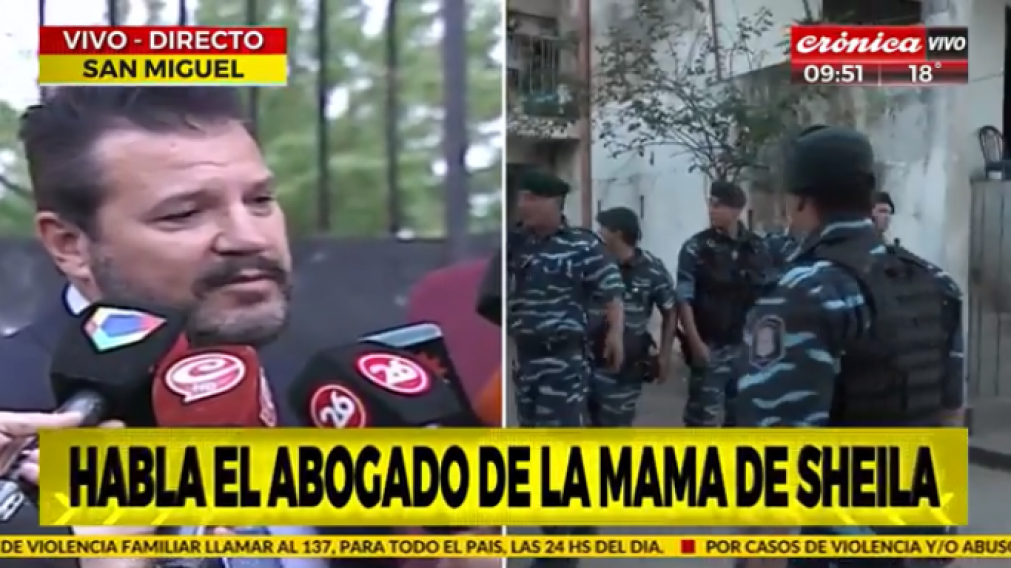 El abogado habló en la puerta del predio donde murió Sheila (Captura de TV).
