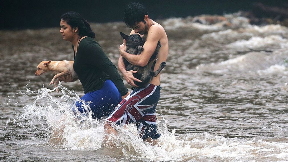 La gente escapando de las inundaciones.